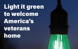 "Light it green to welcome America's Veterans home" with green light bulb